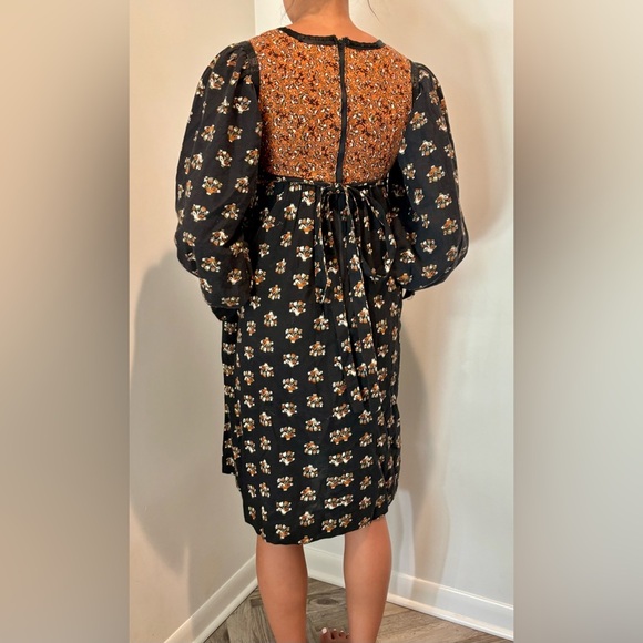 VINTAGE Hand Sewn 70s/80s Black Brown Floral Empire Waist Prairie Midi Dress S - Picture 4 of 4